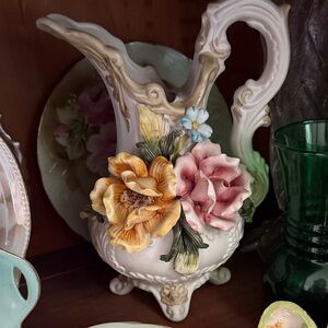 Floral Ceramic Pitcher with Sculpted Flowers